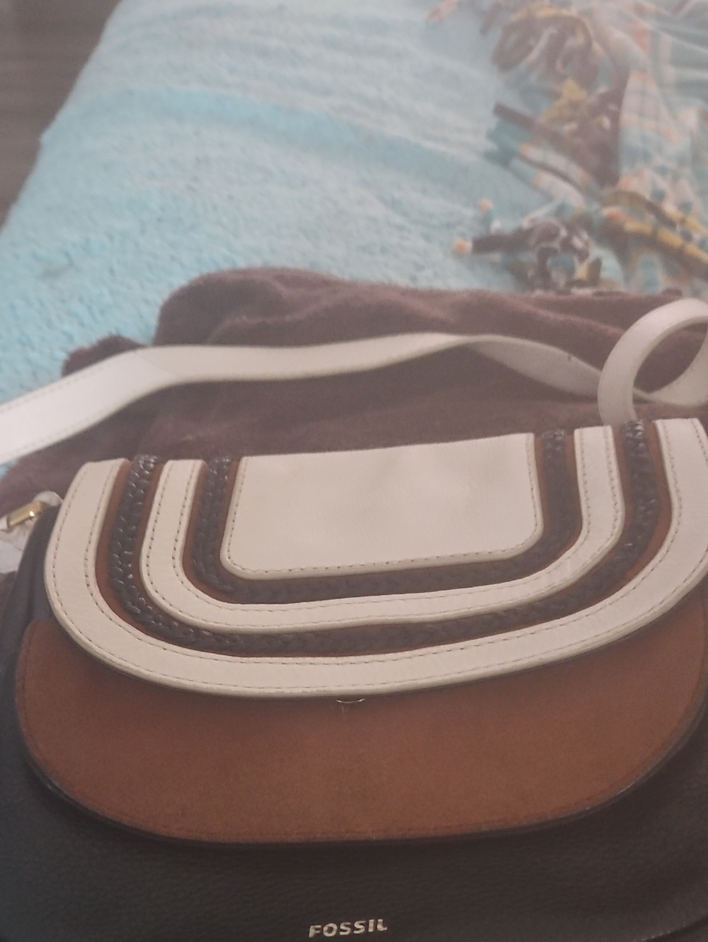 Fossil White and Brown Leather & Suede Crossbody Bag
